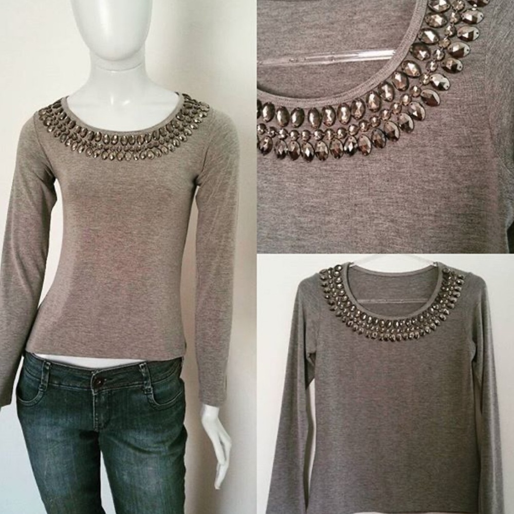 Debbie Morgan Brown Sweater with Embellished Neckline